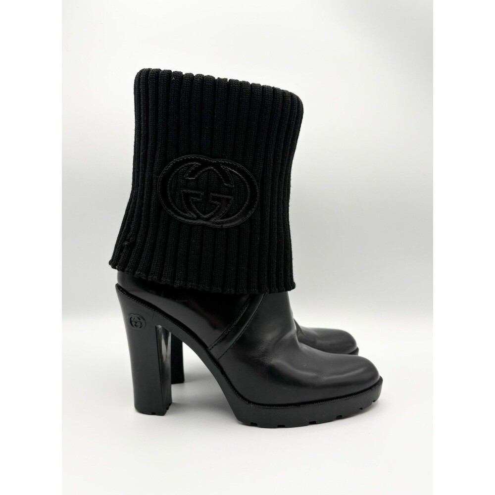 Gucci Black Leather Ankle Boots w/Knit Fold Over Accent & GG Logo Sz EU 36.5